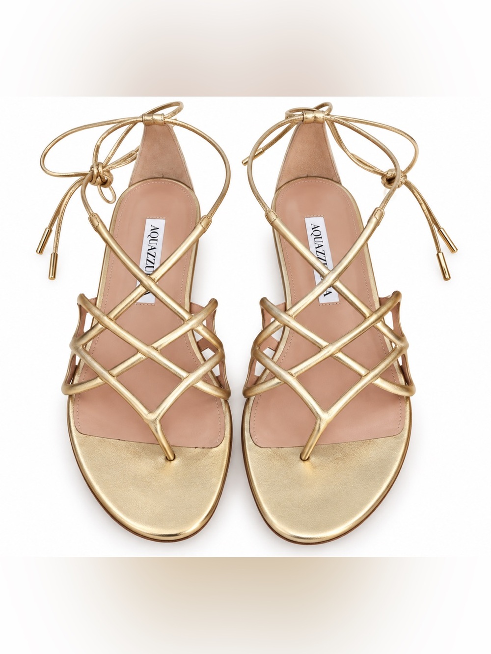 Aquazzura Metallic Gold Strappy Lace-Up Flat Sandals, Size 38.5